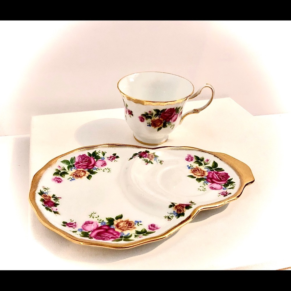 Porcelain Treasures Cup,Saucer, and Desert Plate